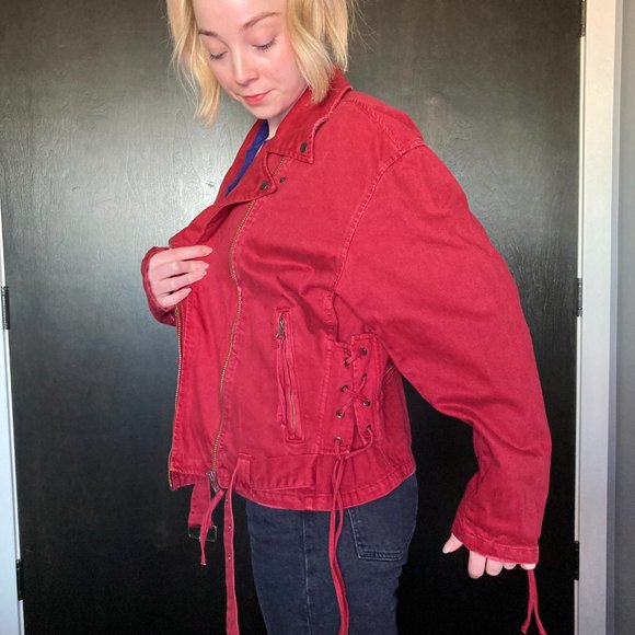 Free People Oversized Red Denim Moto Jacket Size M - Picture 5 of 14